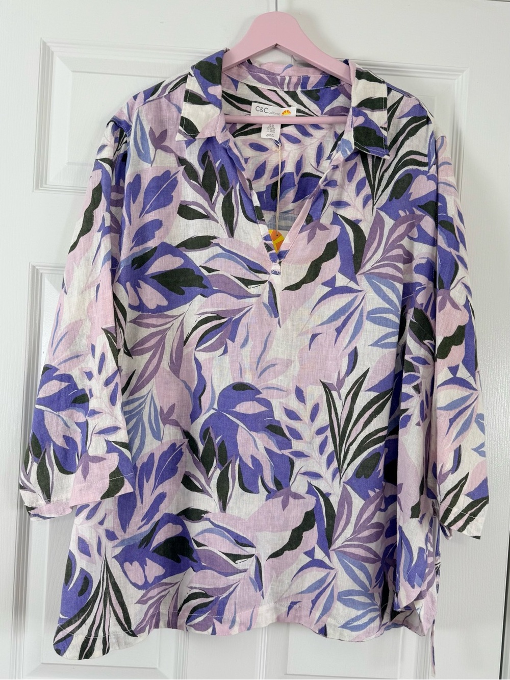 NWT C & C California 100% Linen Purple Pink Floral Popover Top Size 3X